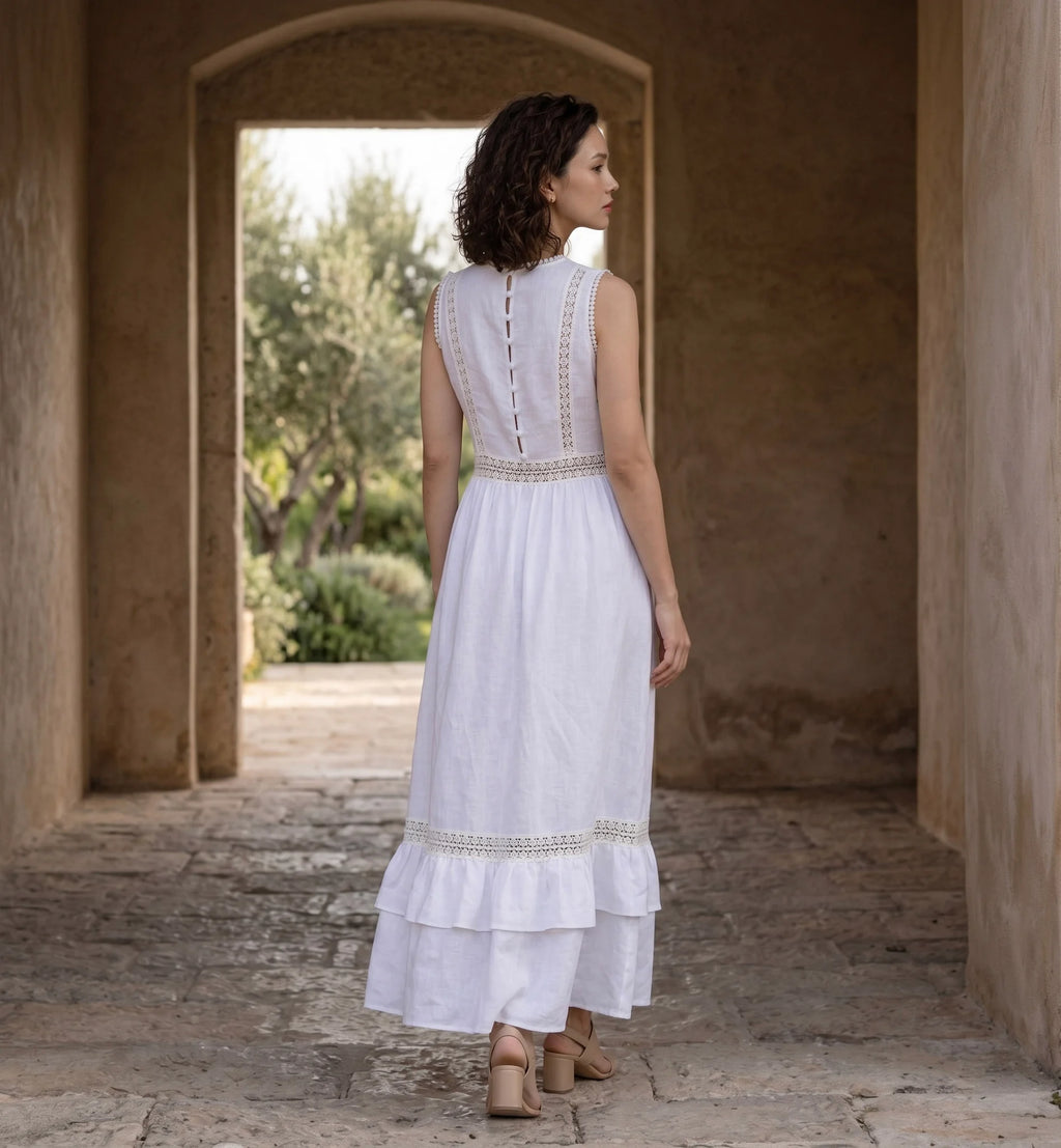 Đầm maxi linen lanh trắng phối ren thời trang Hity