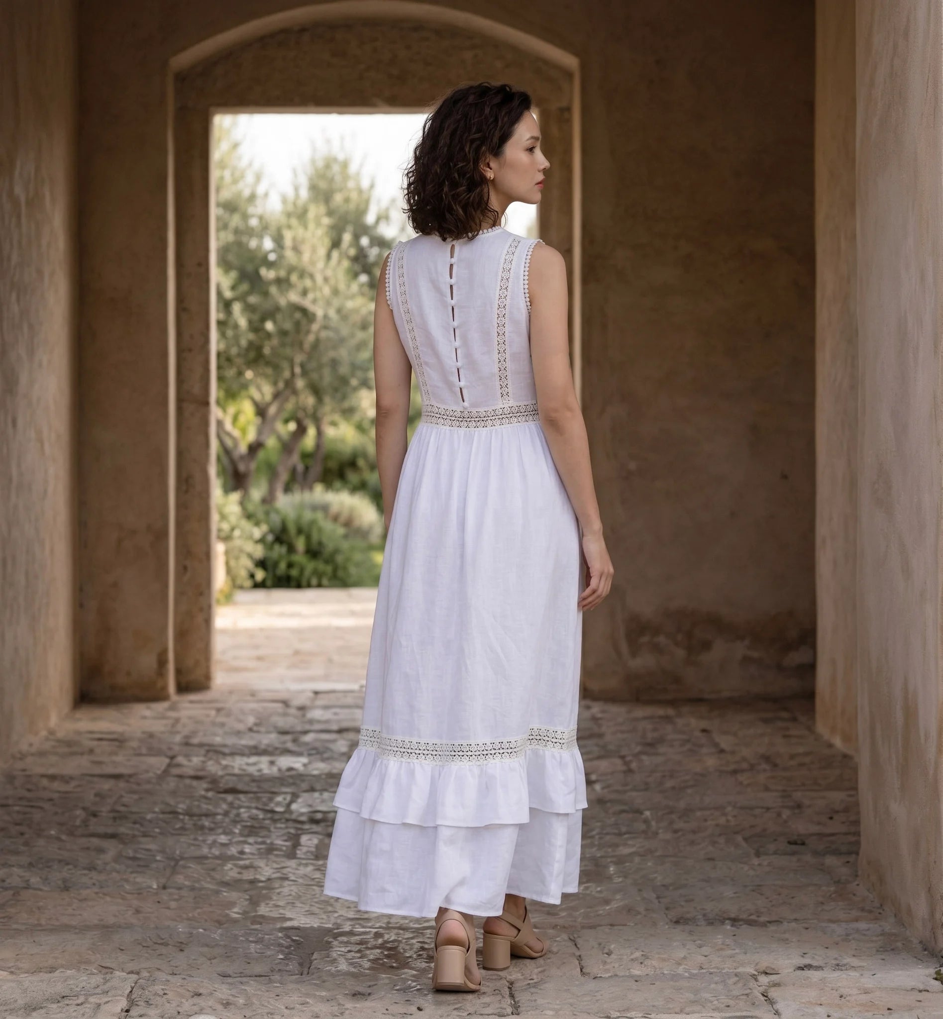 Đầm maxi linen lanh trắng phối ren thời trang Hity