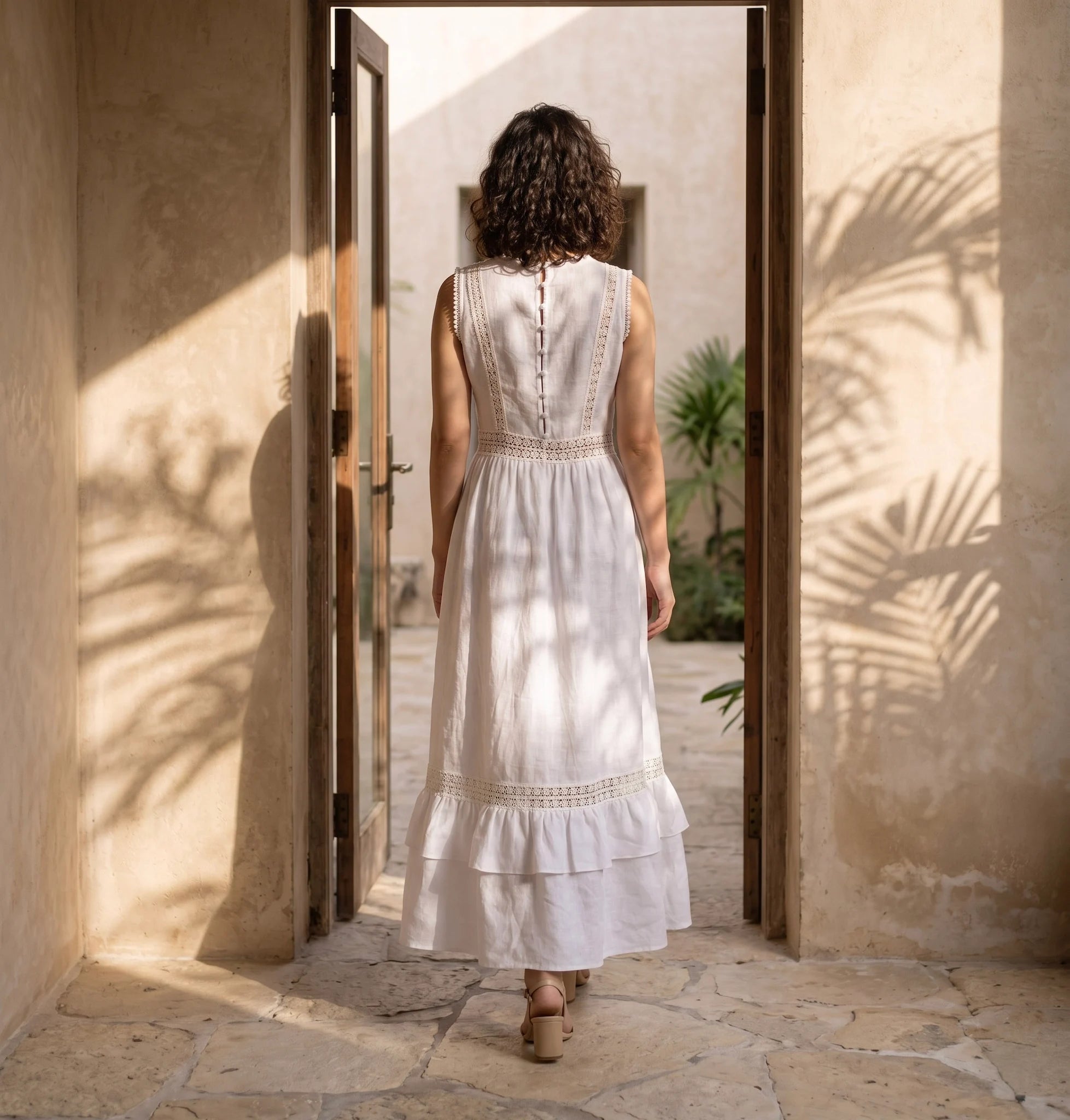 Đầm maxi linen lanh trắng phối ren thời trang Hity