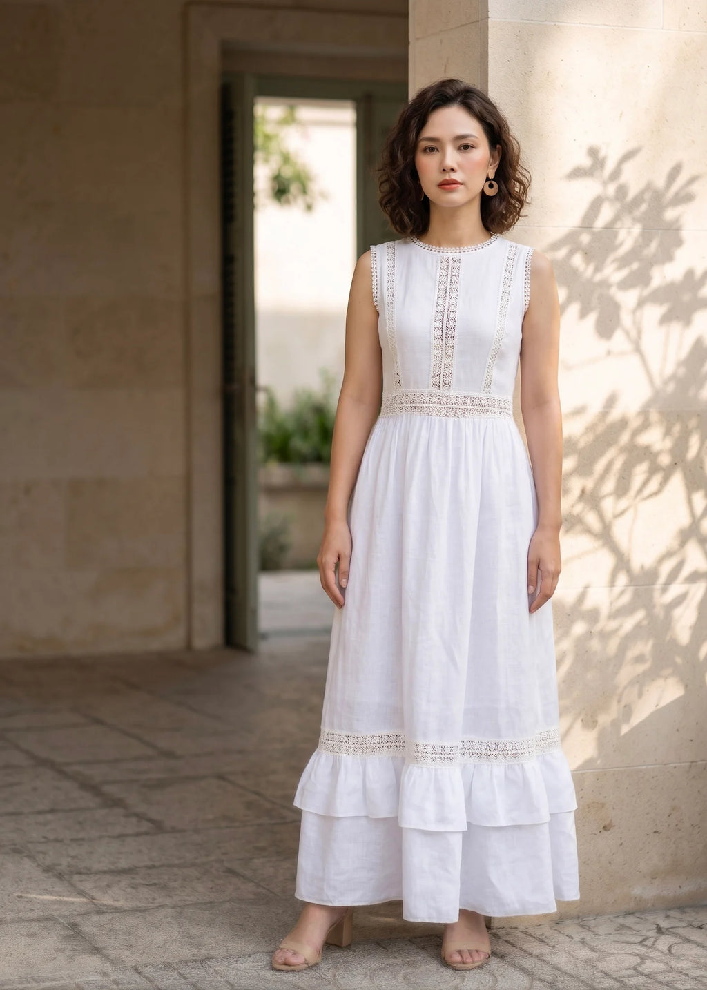 Đầm maxi linen lanh trắng phối ren thời trang Hity