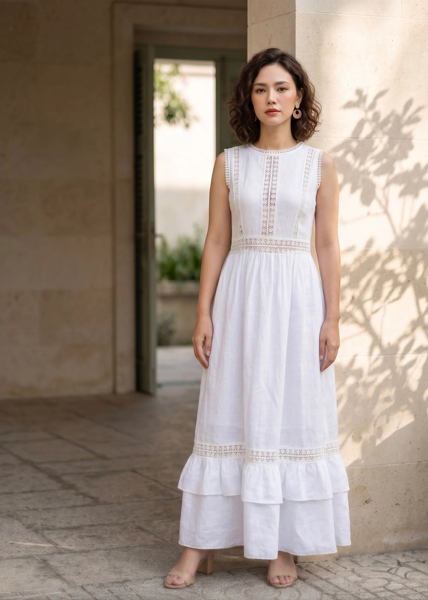 Đầm maxi linen lanh trắng phối ren thời trang Hity
