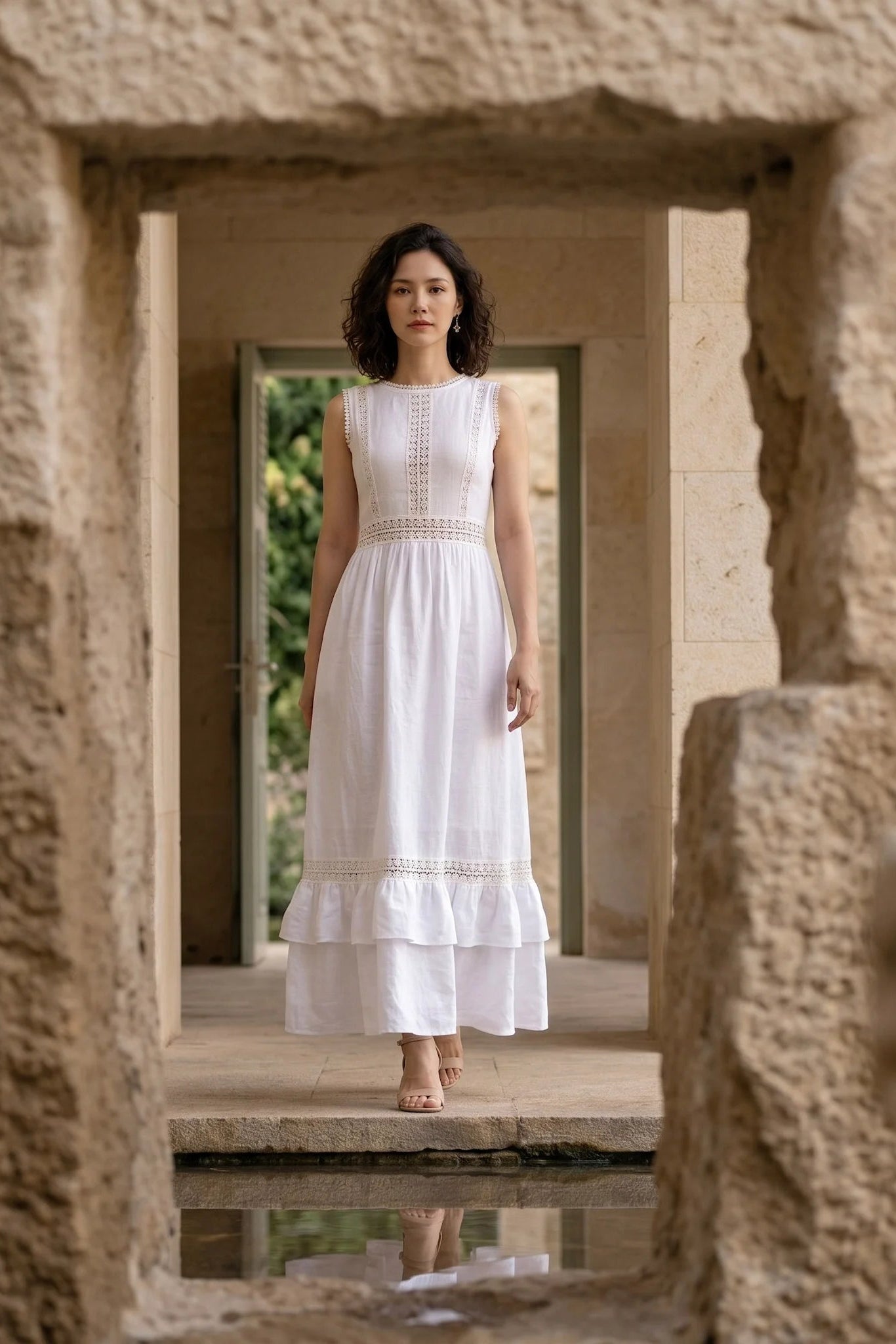 Đầm maxi linen lanh trắng phối ren thời trang Hity