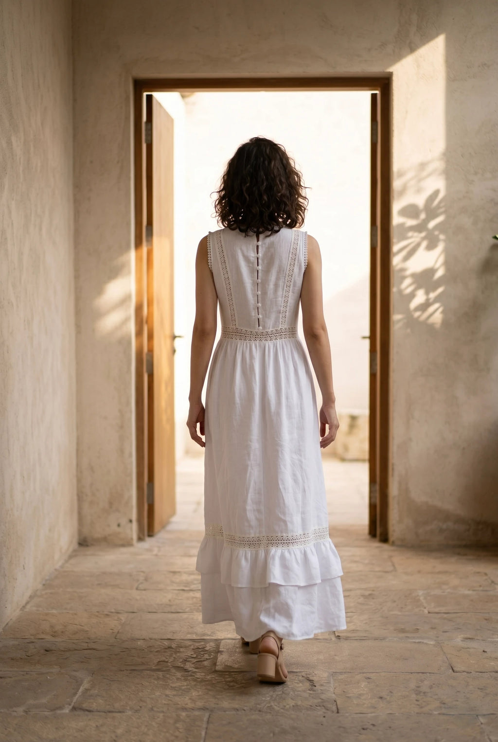 Đầm maxi linen lanh trắng phối ren thời trang Hity
