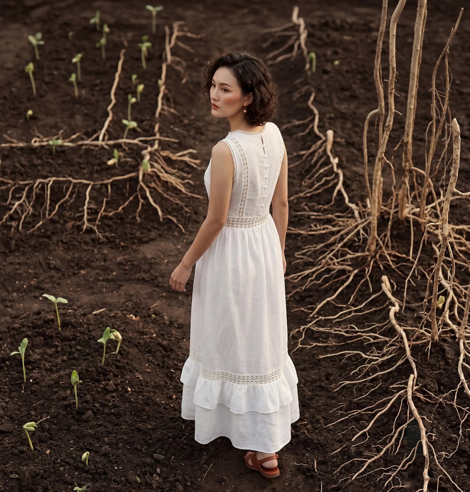 Đầm maxi linen lanh trắng phối ren thời trang Hity