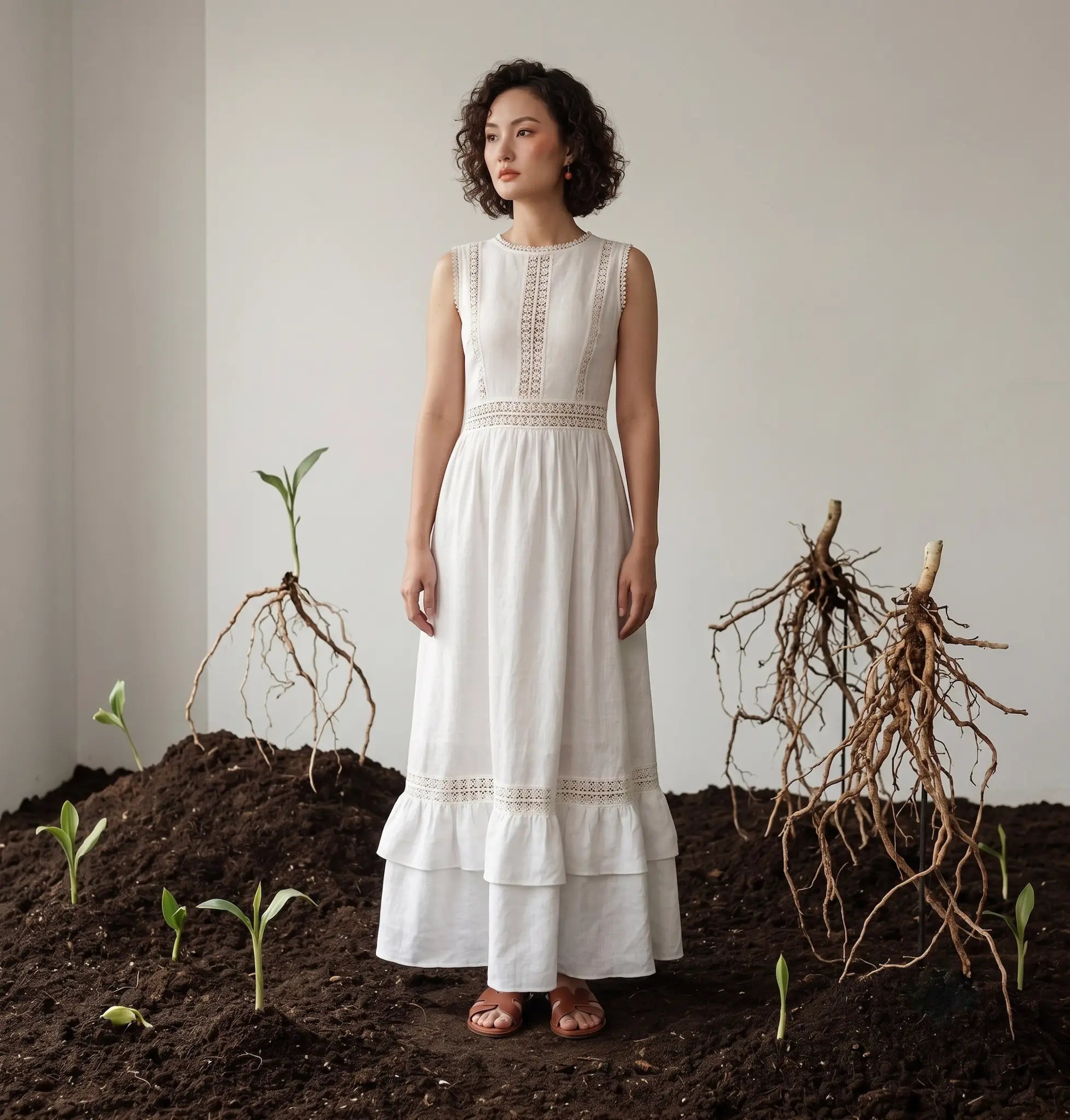 Đầm maxi linen lanh trắng phối ren thời trang Hity