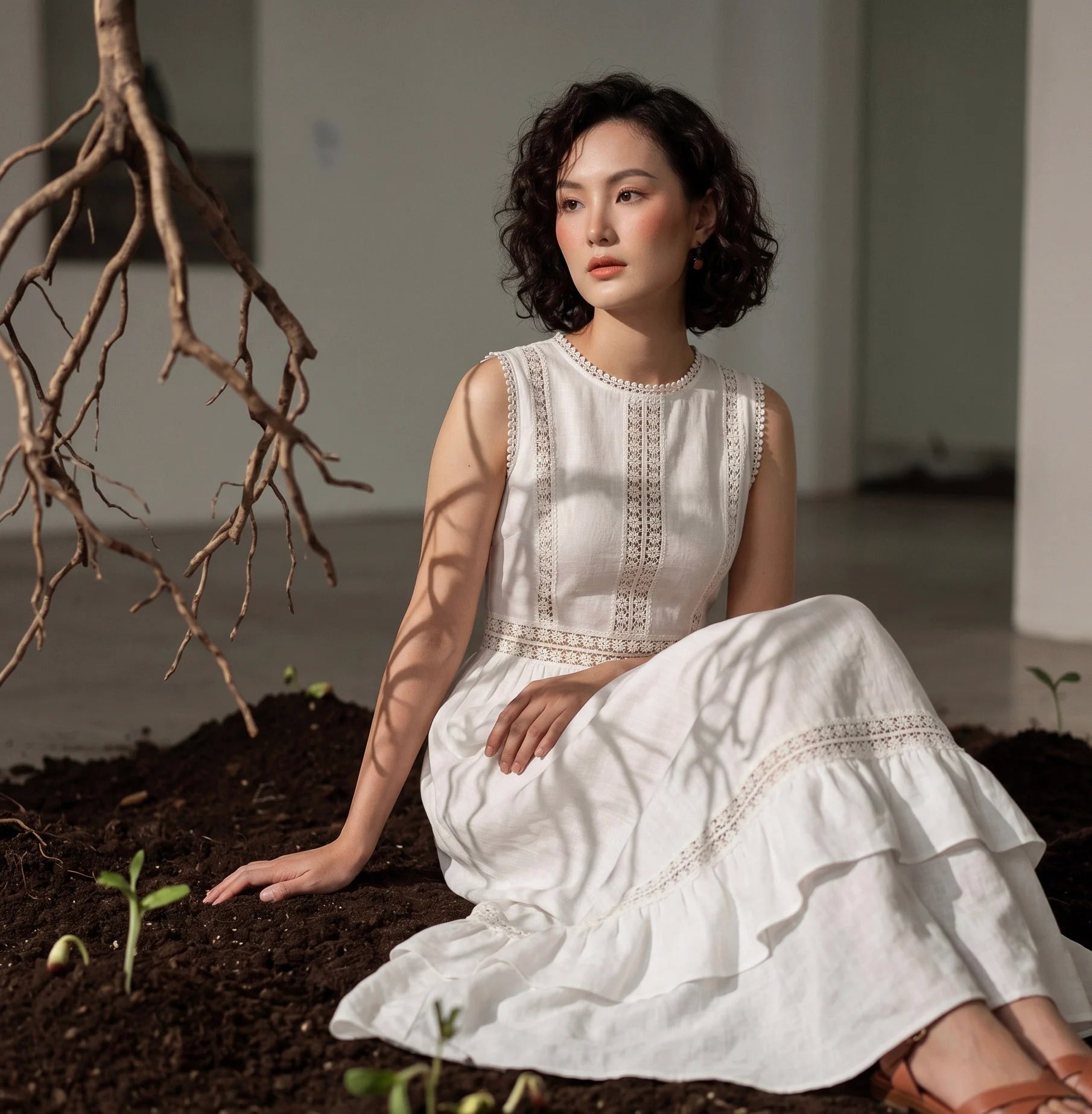 Đầm maxi linen lanh trắng phối ren thời trang Hity