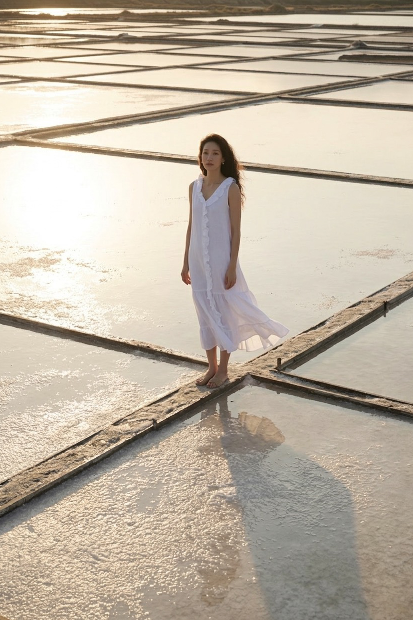 Đầm maxi linen trắng tua rua thời trang Hity