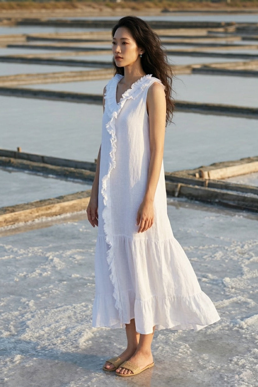 Đầm maxi linen trắng tua rua thời trang Hity