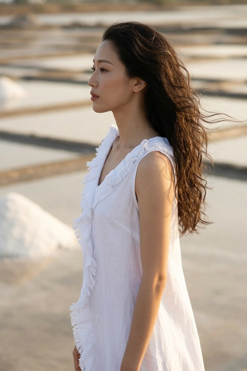 Đầm maxi linen trắng tua rua thời trang Hity