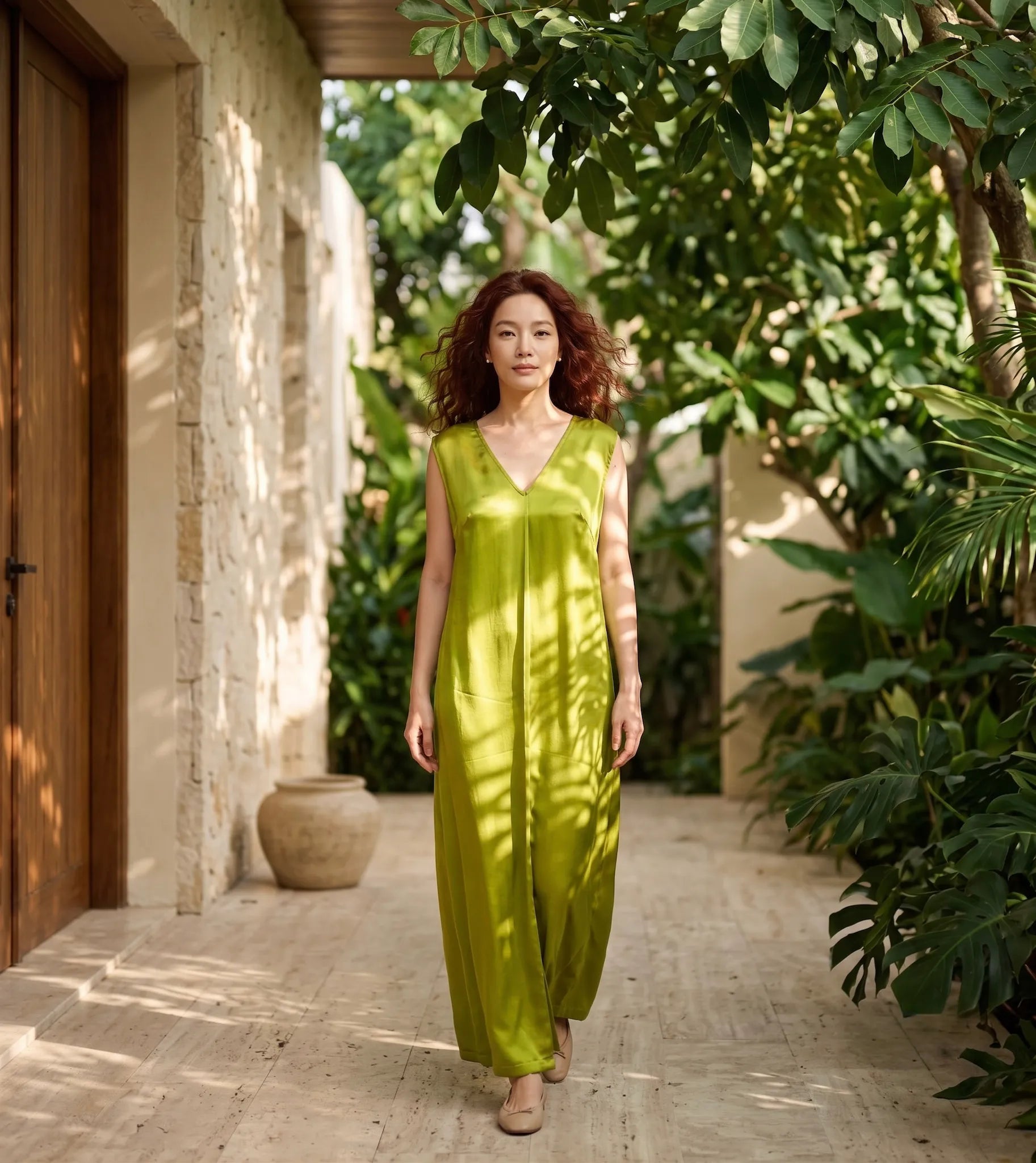 Đầm maxi lụa tơ tằm xanh mạ thời trang Hity