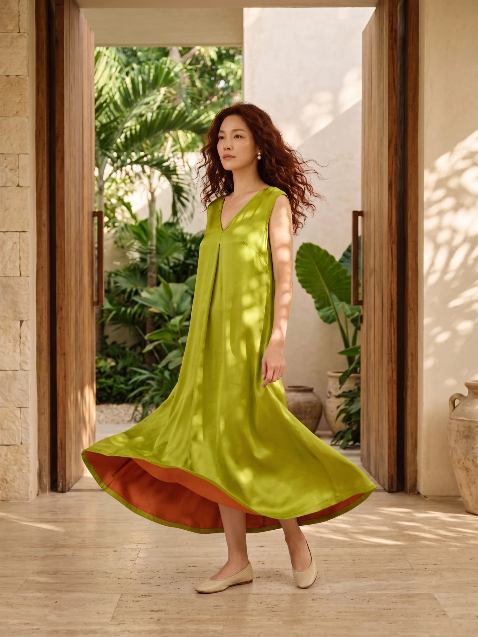 Đầm maxi lụa tơ tằm xanh mạ thời trang Hity