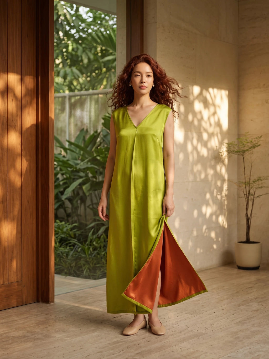 Đầm maxi lụa tơ tằm xanh mạ thời trang Hity