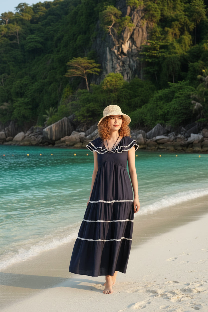 Đầm maxi tay cánh tiên rayon xanh hải quân thời trang Hity