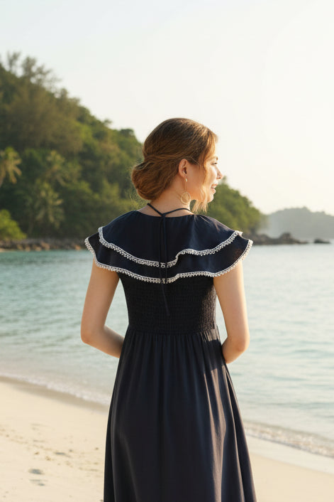 Đầm maxi tay cánh tiên rayon xanh hải quân thời trang Hity