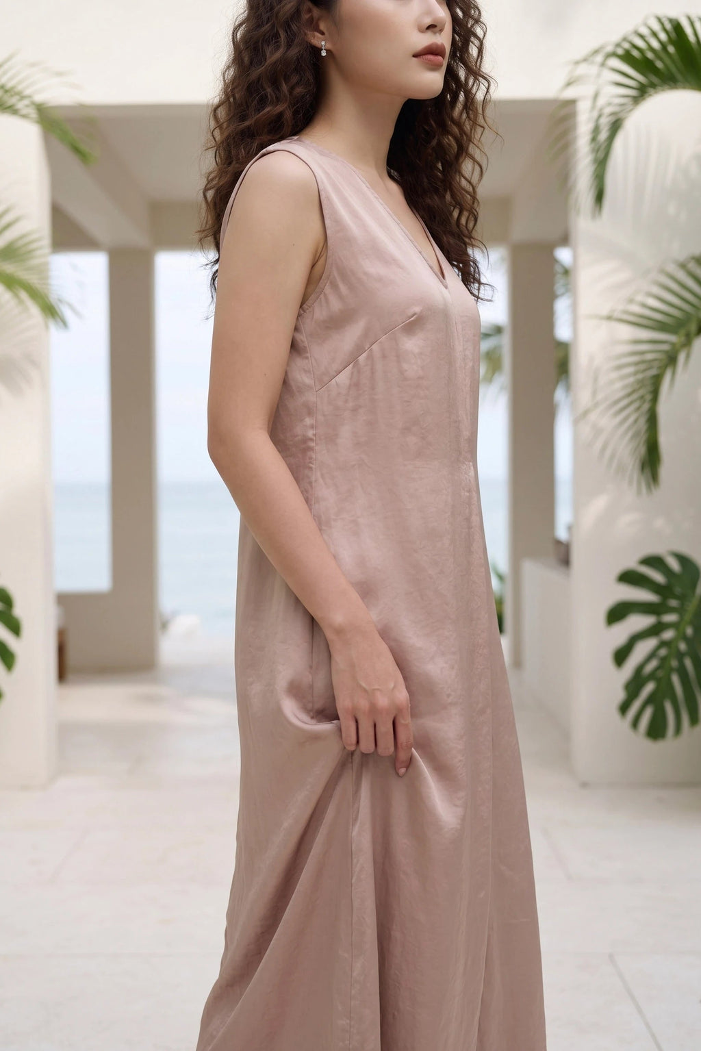 Đầm maxi dáng suông không tay màu be thời trang Hity