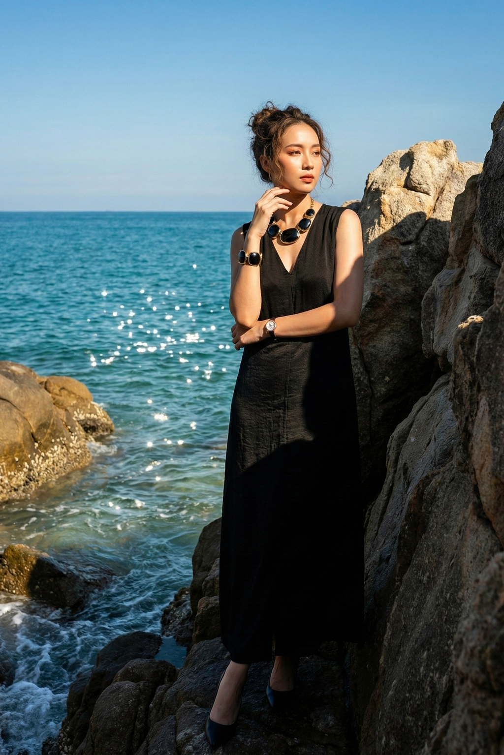 Đầm maxi suông lụa đen thời trang Hity