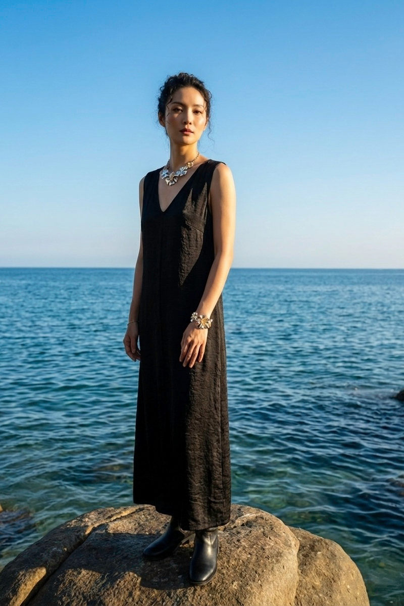 Đầm maxi suông lụa đen thời trang Hity