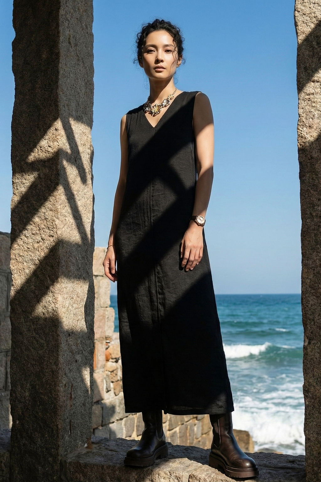 Đầm maxi suông lụa đen thời trang Hity