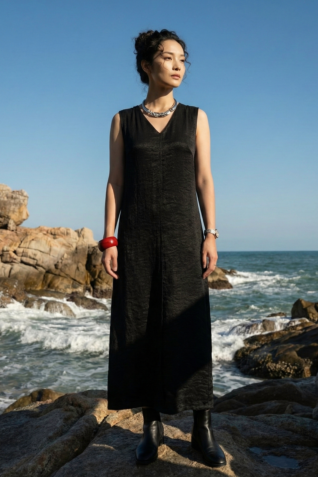 Đầm maxi suông lụa đen thời trang Hity