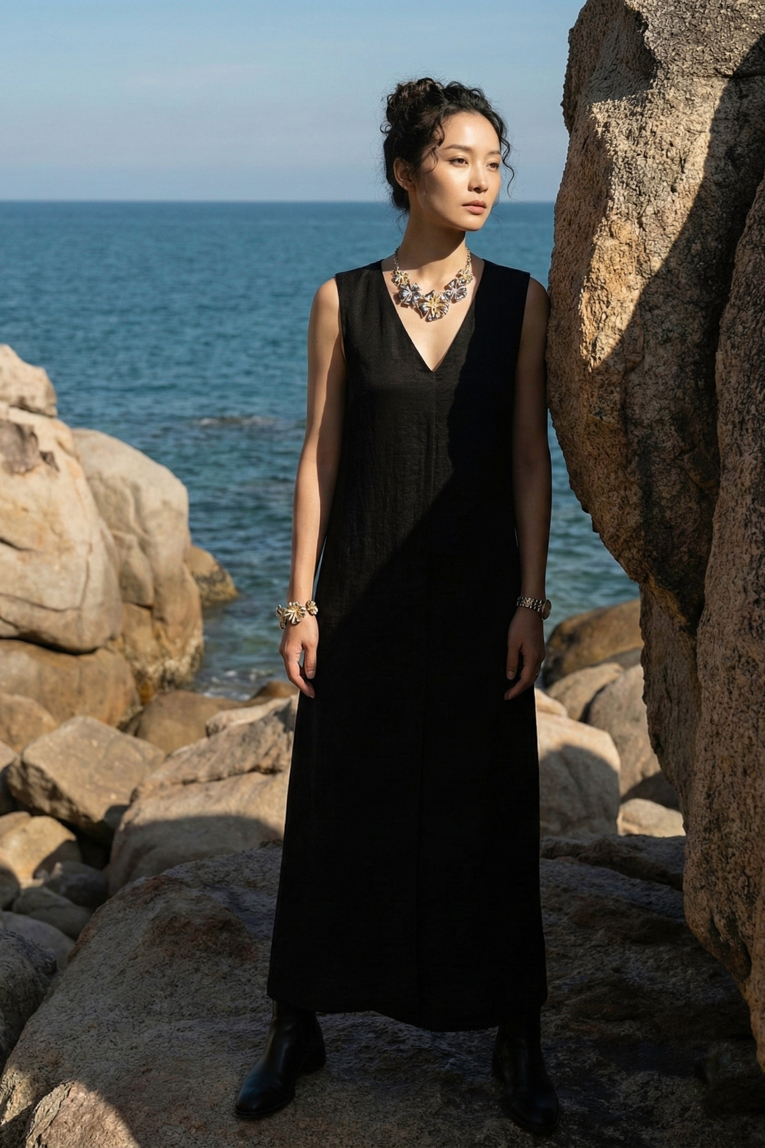 Đầm maxi suông lụa đen thời trang Hity