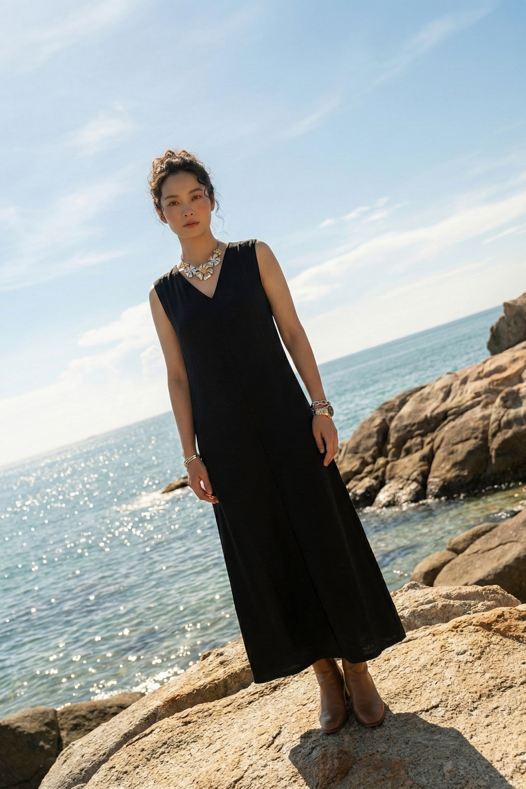 Đầm maxi suông lụa đen thời trang Hity