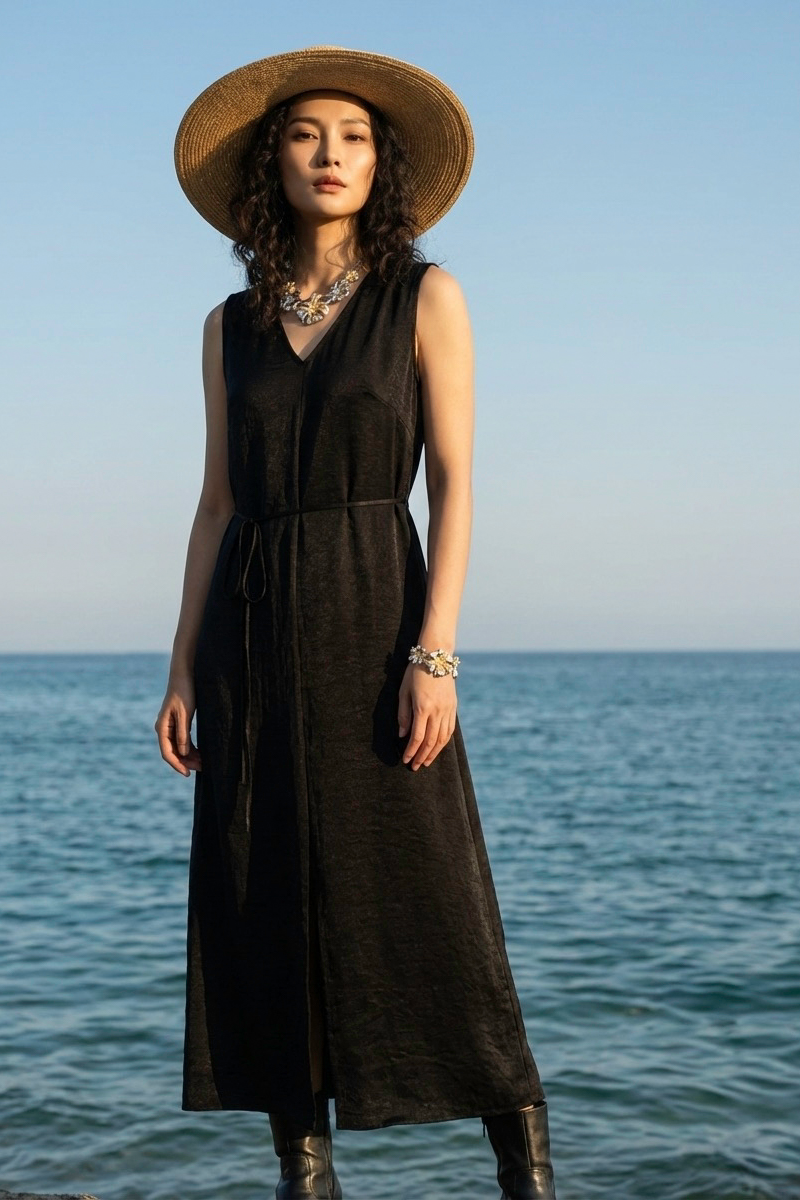 Đầm maxi suông lụa đen thời trang Hity