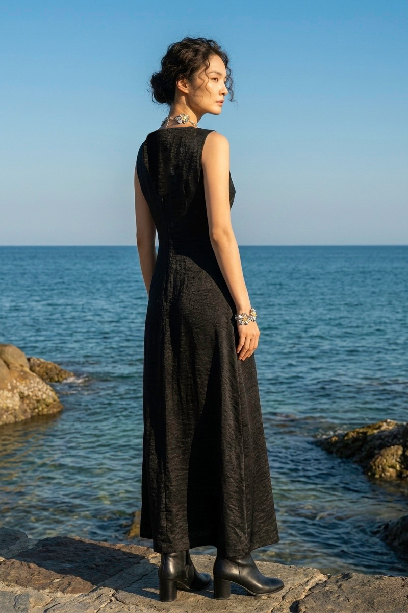 Đầm maxi suông lụa đen thời trang Hity