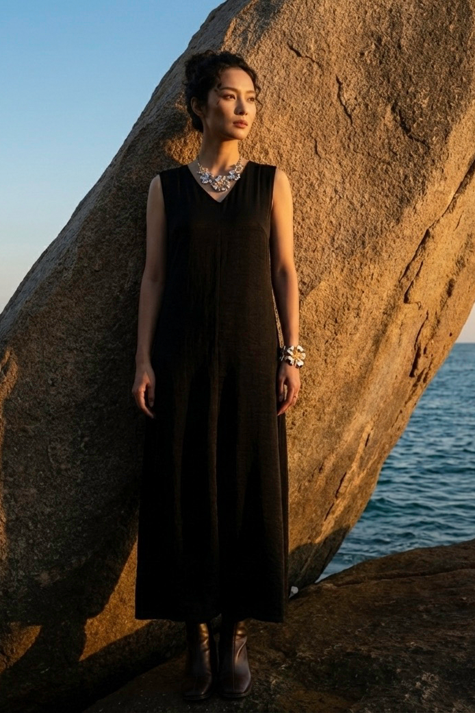 Đầm maxi suông lụa đen thời trang Hity