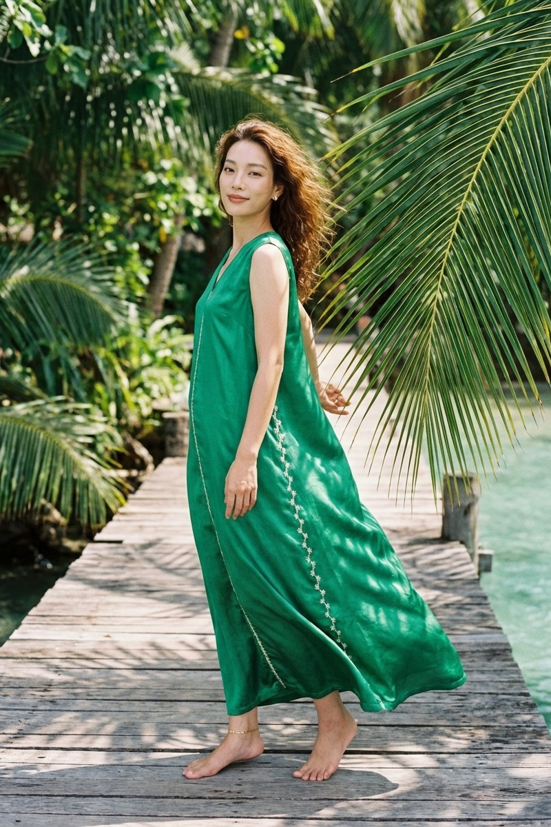 Đầm maxi lụa tơ tằm thêu tay thời trang Hity