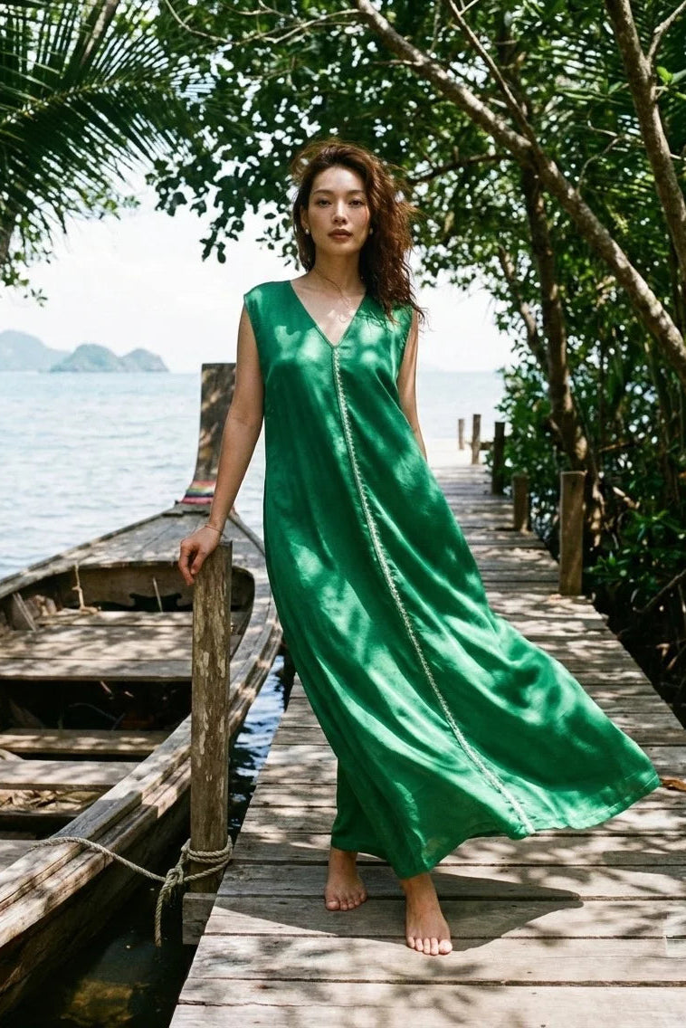 Đầm maxi lụa tơ tằm thêu tay thời trang Hity