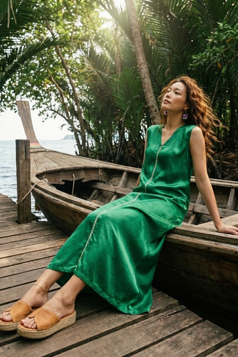 Đầm maxi lụa tơ tằm thêu tay thời trang Hity