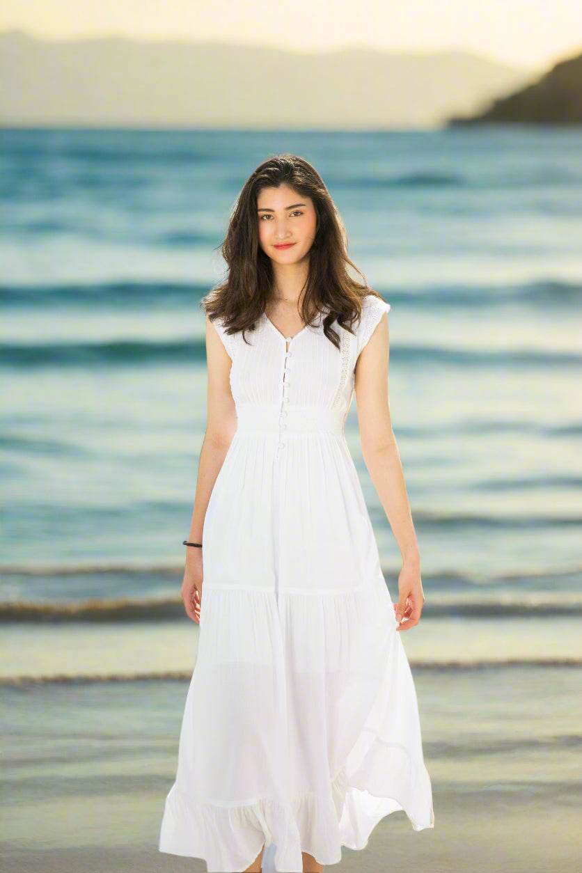 Đầm maxi trắng cotton thoáng mát đi biển thời trang Hity
