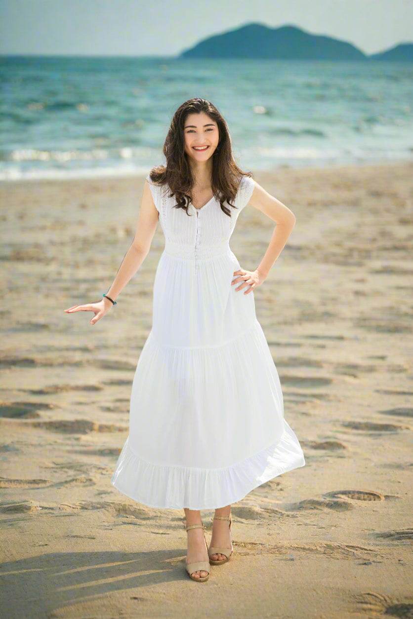 Đầm maxi trắng cotton thoáng mát đi biển thời trang Hity