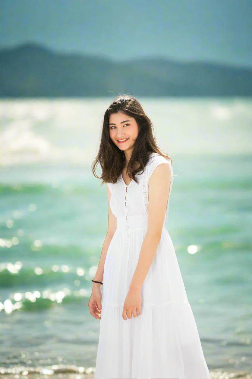 Đầm maxi trắng cotton thoáng mát đi biển thời trang Hity