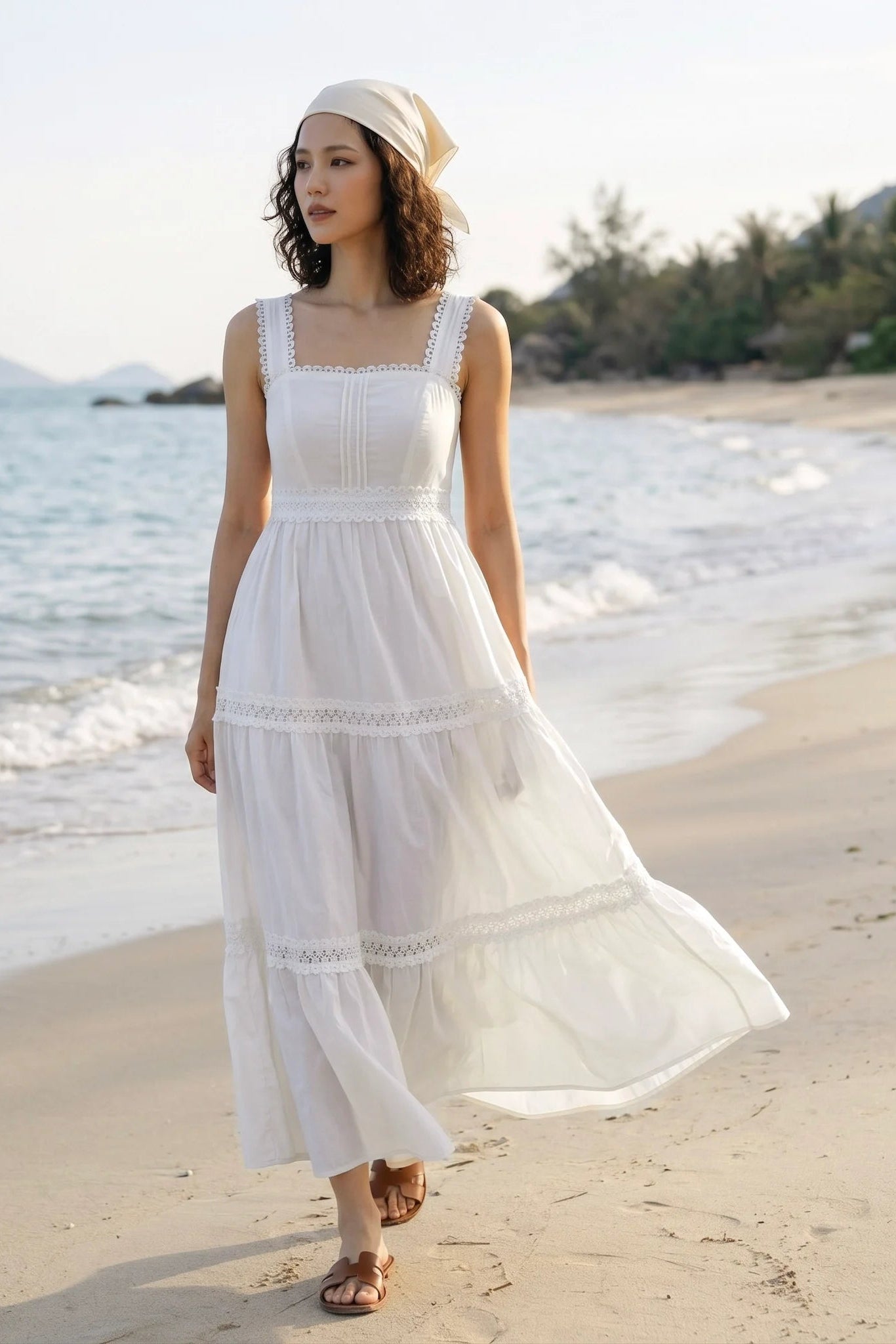 Đầm maxi hai dây cotton trắng thời trang Hity