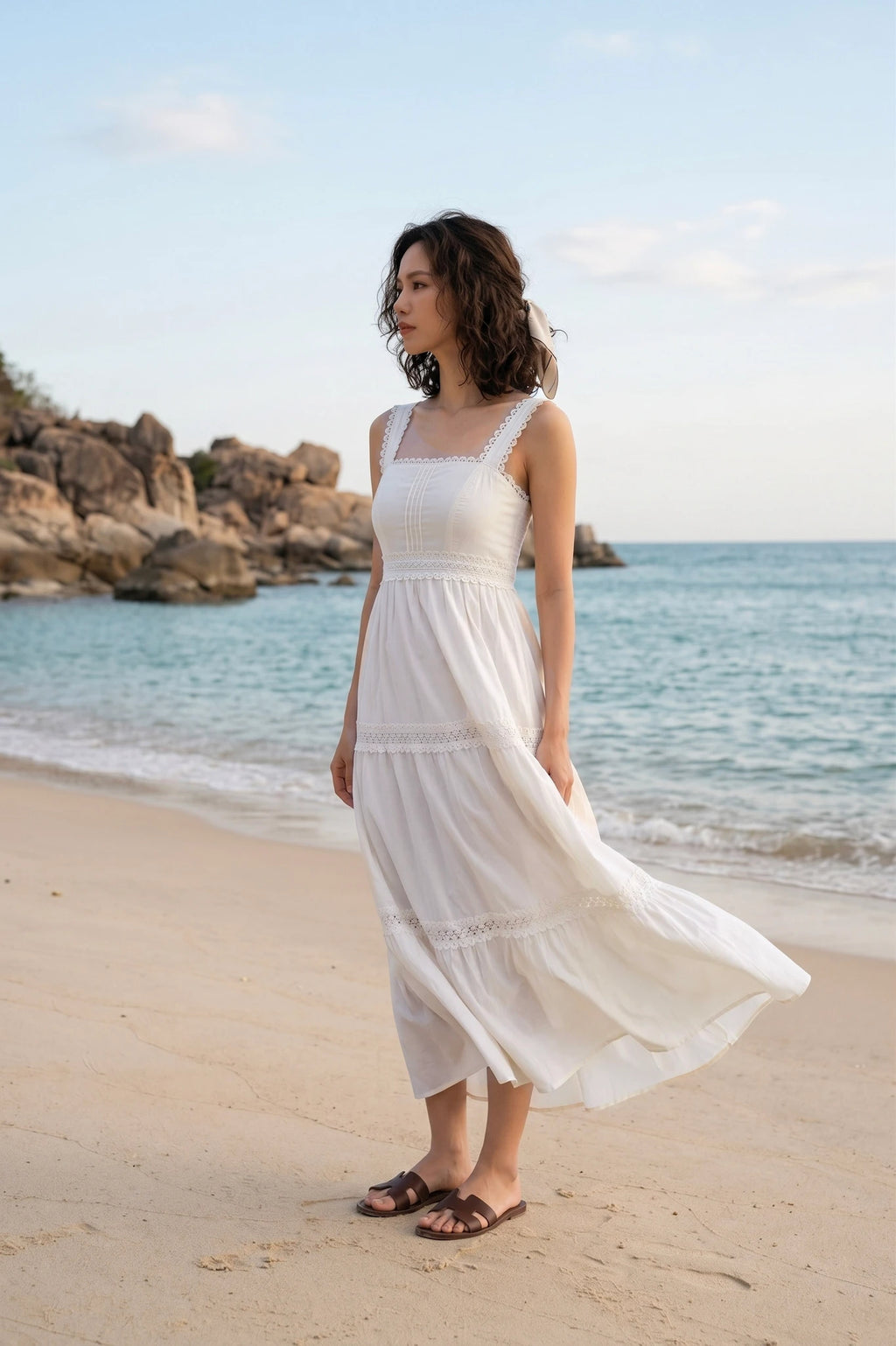 Đầm maxi hai dây cotton trắng thời trang Hity