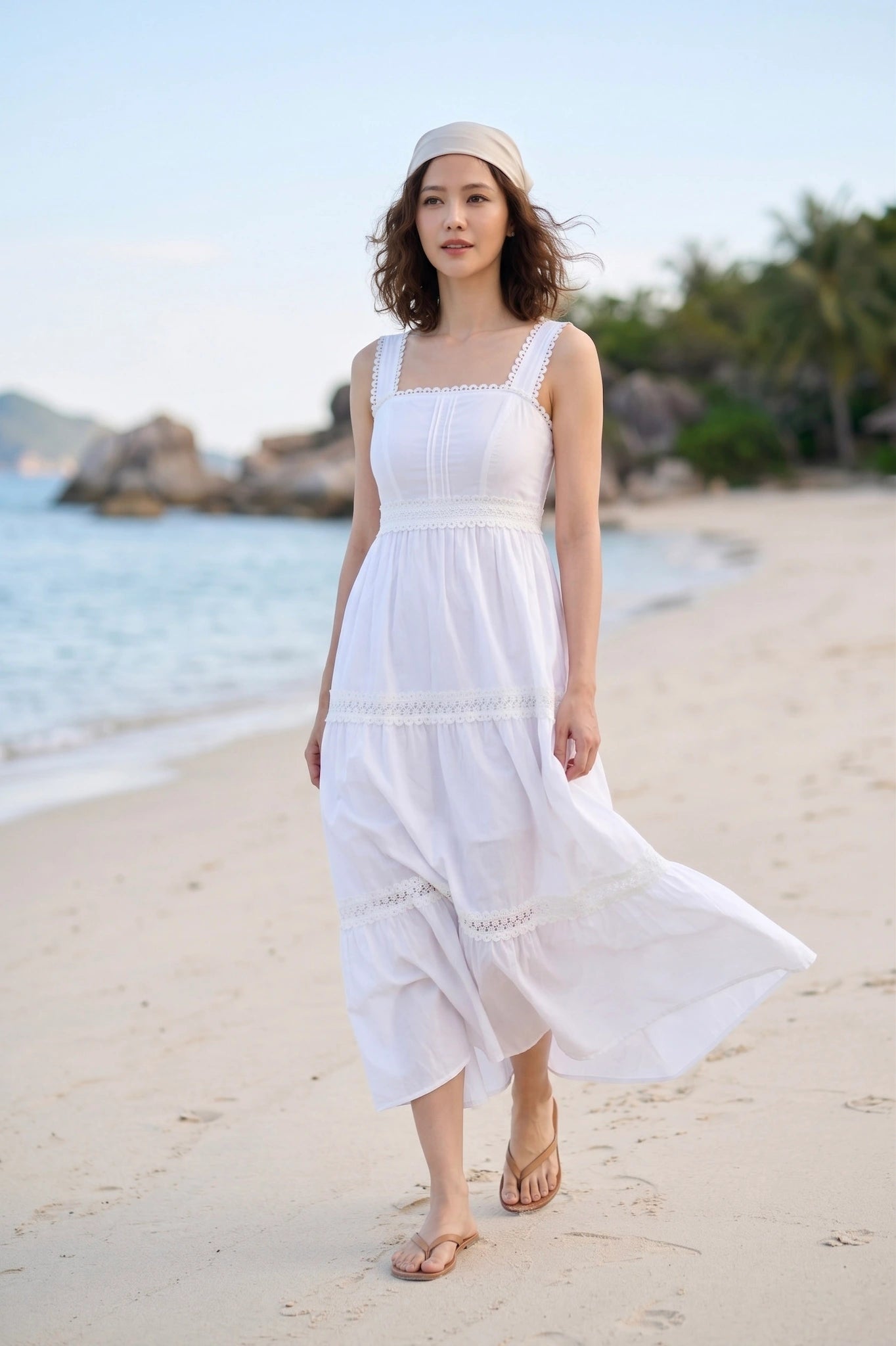 Đầm maxi hai dây cotton trắng thời trang Hity