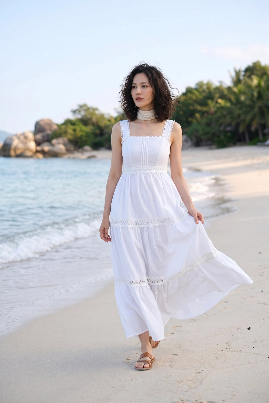 Đầm maxi hai dây cotton trắng thời trang Hity