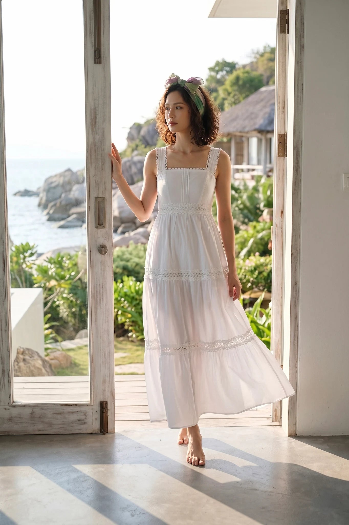 Đầm maxi hai dây cotton trắng thời trang Hity