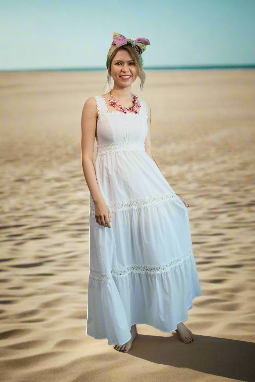 Đầm maxi hai dây cotton trắng đi biển thời trang Hity