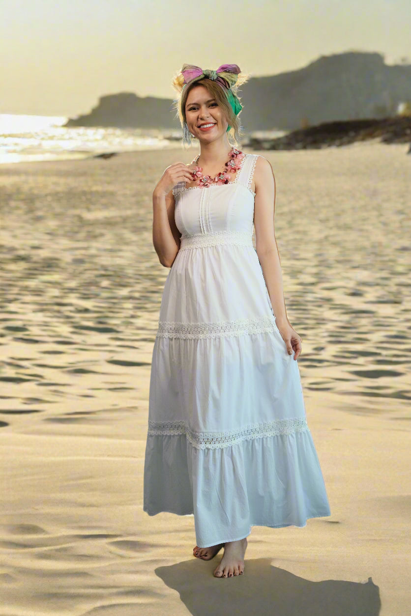 Đầm maxi hai dây cotton trắng đi biển thời trang Hity