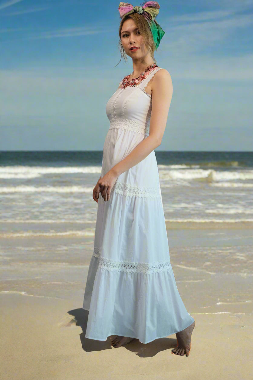 Đầm maxi hai dây cotton trắng đi biển thời trang Hity