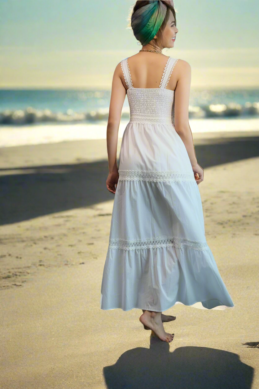Đầm maxi hai dây cotton trắng đi biển thời trang Hity