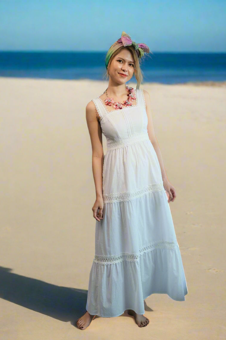 Đầm maxi hai dây cotton trắng đi biển thời trang Hity