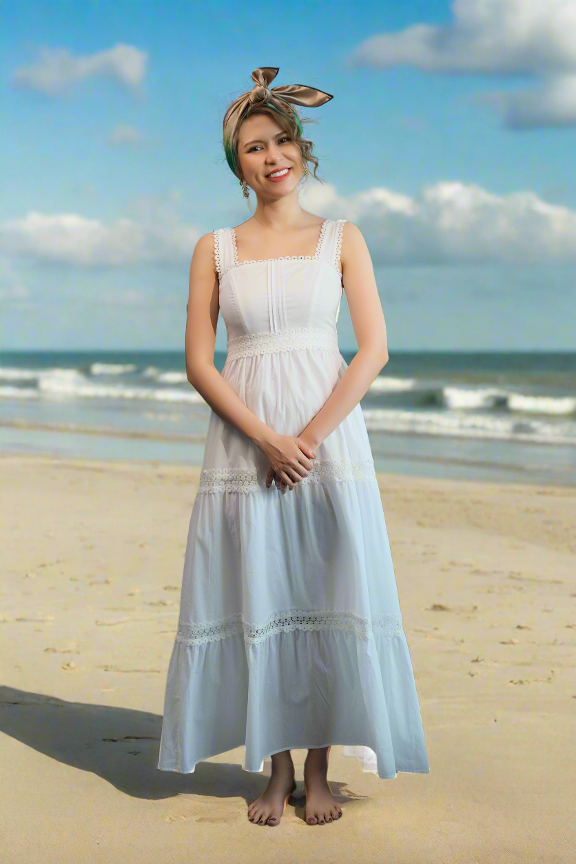 Đầm maxi hai dây cotton trắng đi biển thời trang Hity