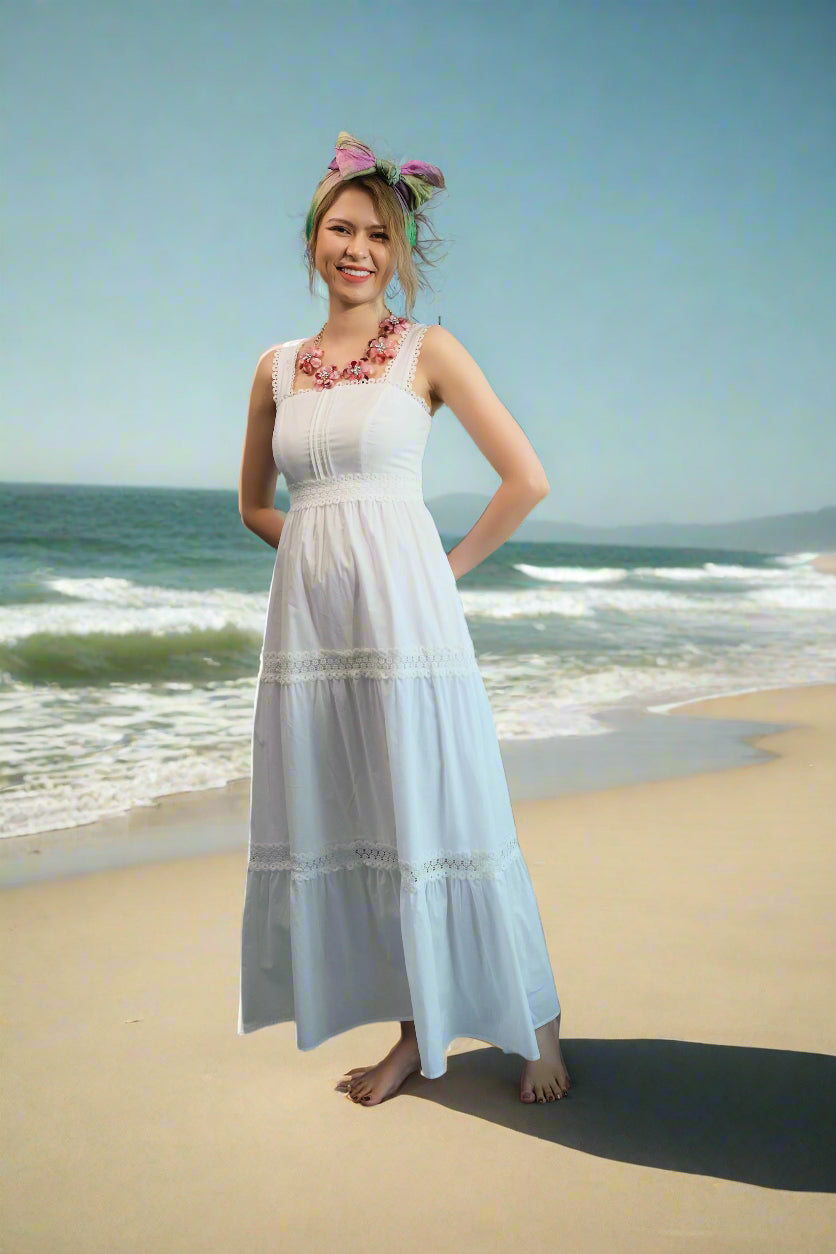 Đầm maxi hai dây cotton trắng đi biển thời trang Hity