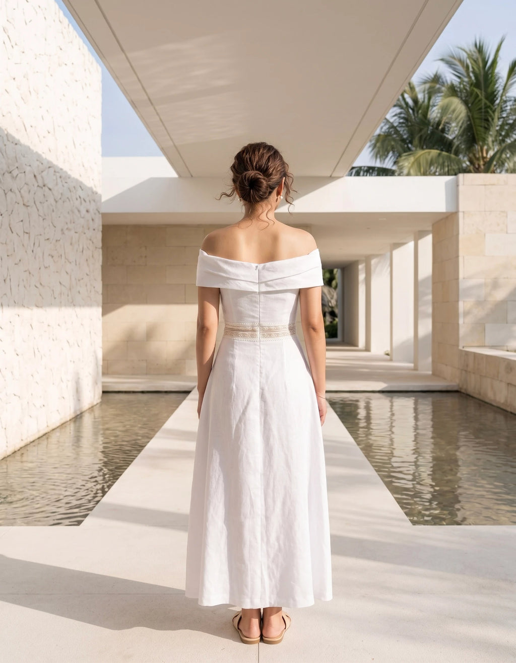Đầm maxi trễ vai linen trắng thời trang Hity