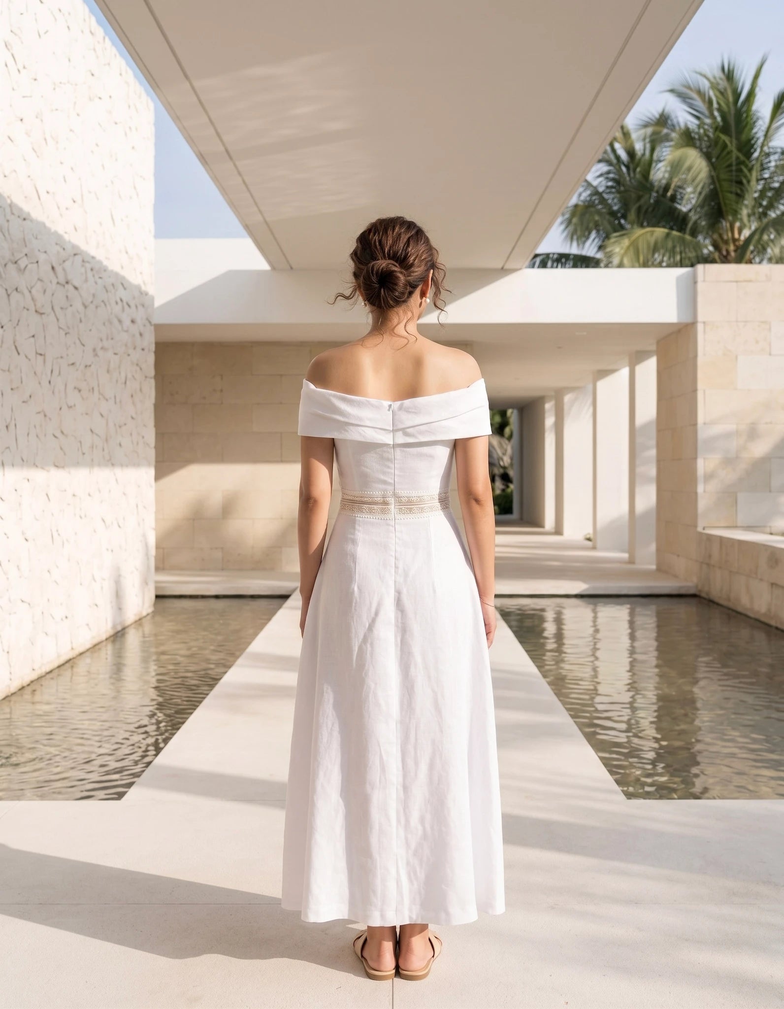 Đầm maxi trễ vai linen trắng thời trang Hity