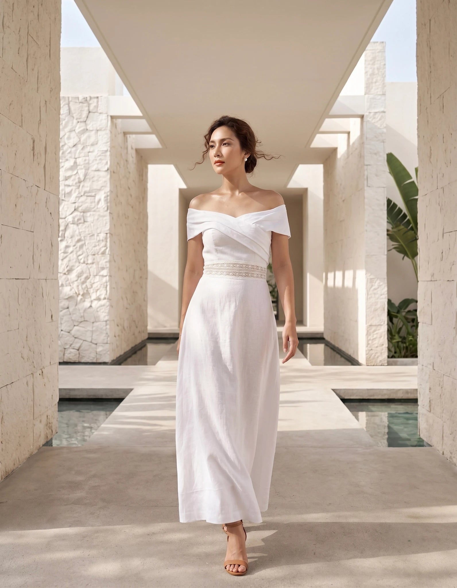 Đầm maxi trễ vai linen trắng thời trang Hity