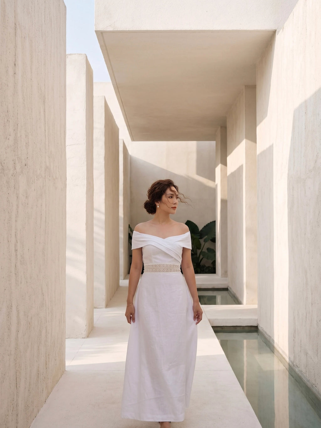 Đầm maxi trễ vai linen trắng thời trang Hity